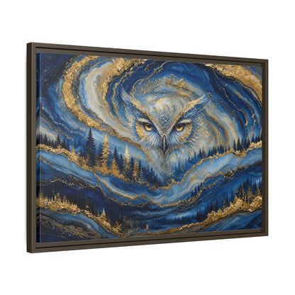 Side Mockup 11. Animals Owl Blue And Gold shown as stretched canvas wall art