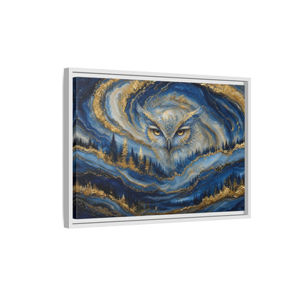 Side Mockup 1. Animals Owl Blue And Gold shown as stretched canvas wall art