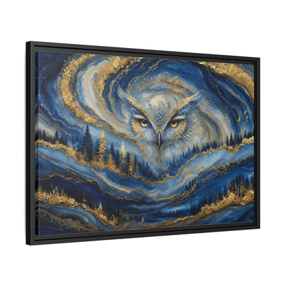 Side Mockup 14. Animals Owl Blue And Gold shown as stretched canvas wall art