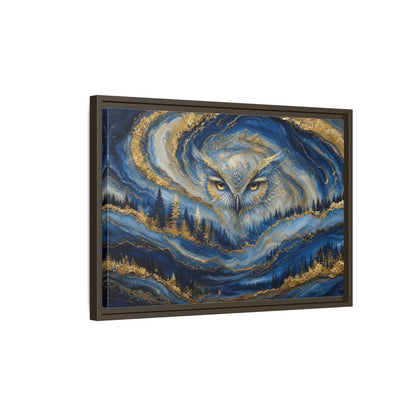 Side Mockup 2. Animals Owl Blue And Gold shown as stretched canvas wall art