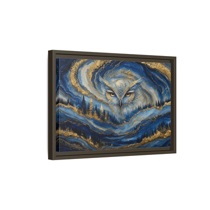 Side Mockup 5. Animals Owl Blue And Gold shown as stretched canvas wall art