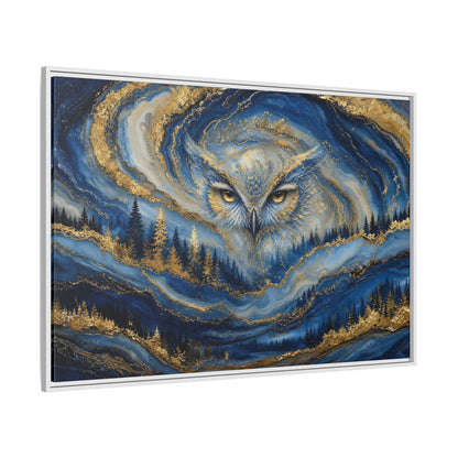 Side Mockup 7. Animals Owl Blue And Gold shown as stretched canvas wall art