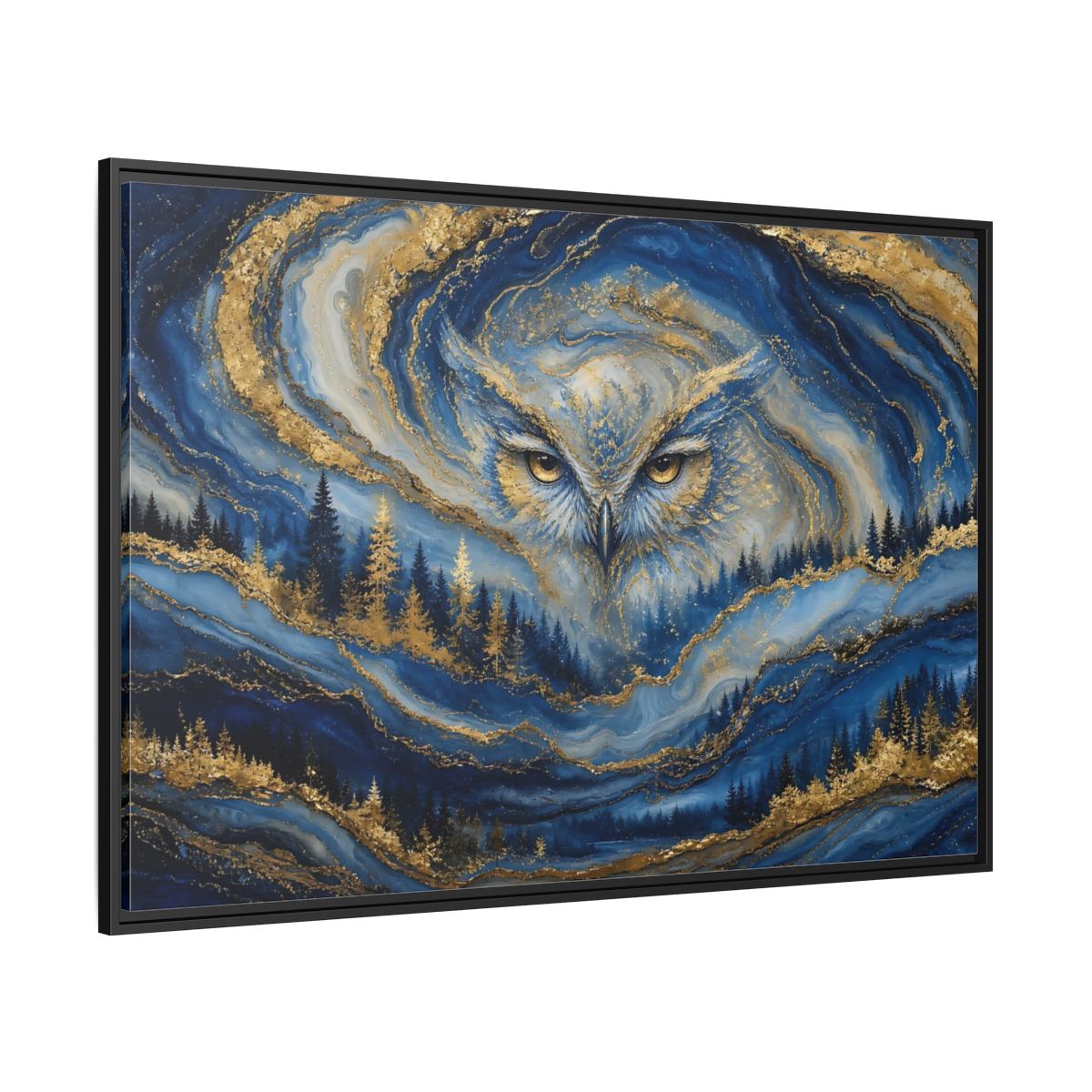 Side Mockup 12. Animals Owl Blue And Gold shown as stretched canvas wall art