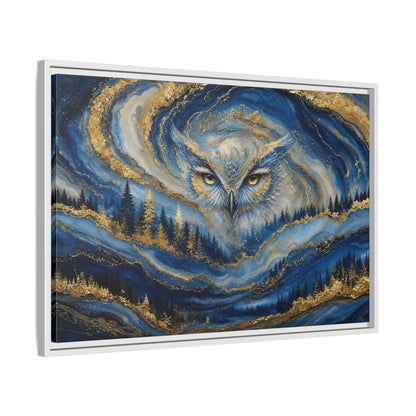 Side Mockup 10. Animals Owl Blue And Gold shown as stretched canvas wall art