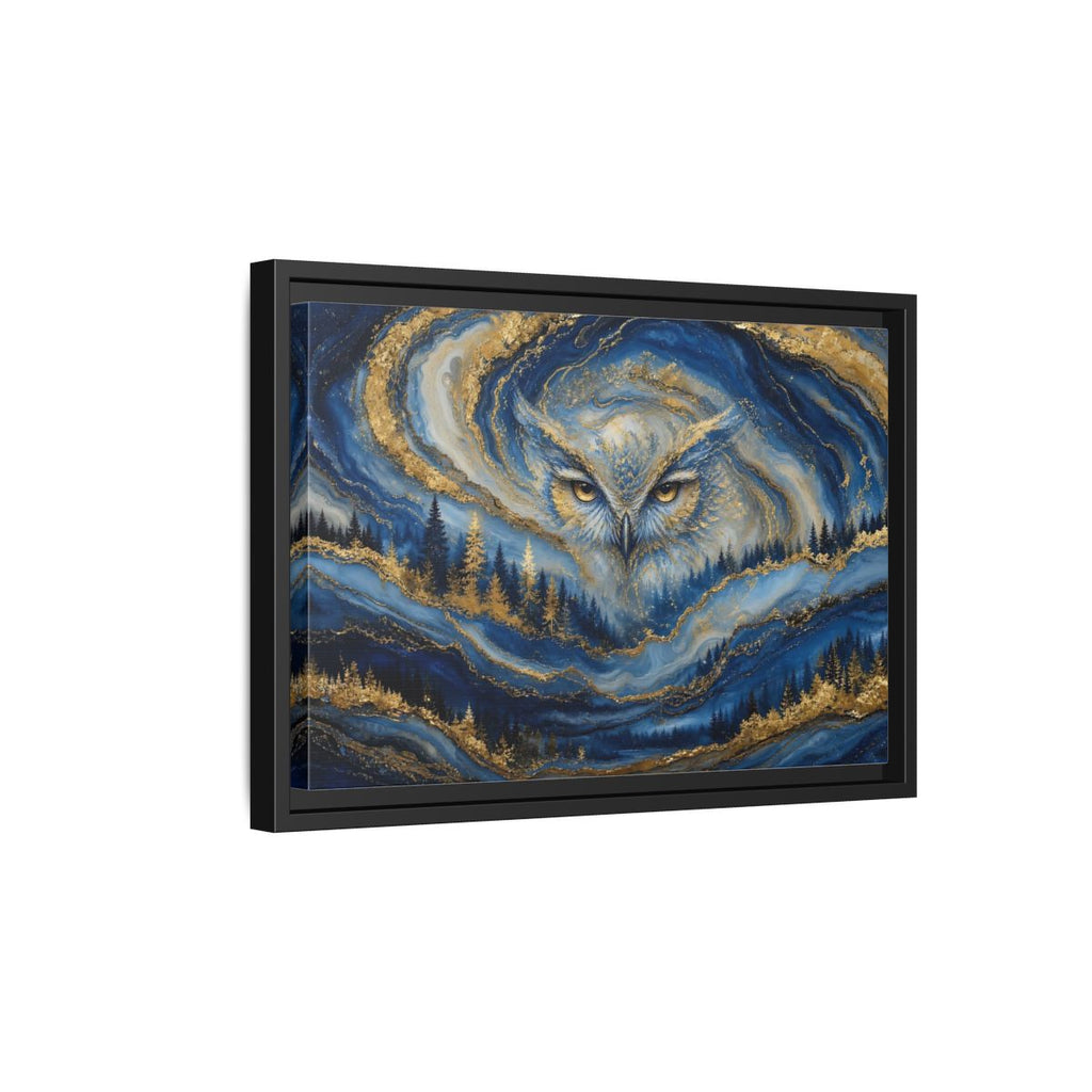 Side Mockup 6. Animals Owl Blue And Gold shown as stretched canvas wall art