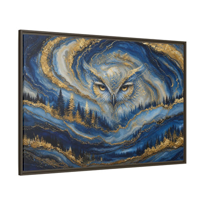 Side Mockup 8. Animals Owl Blue And Gold shown as stretched canvas wall art