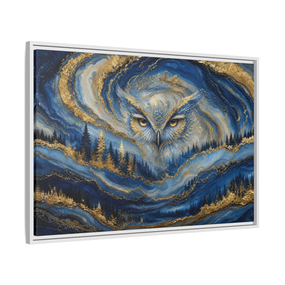 Side Mockup 9. Animals Owl Blue And Gold shown as stretched canvas wall art