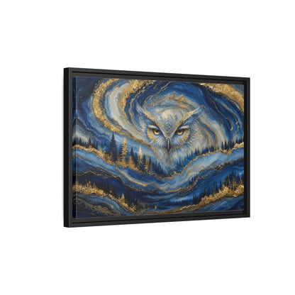 Side Mockup 3. Animals Owl Blue And Gold shown as stretched canvas wall art
