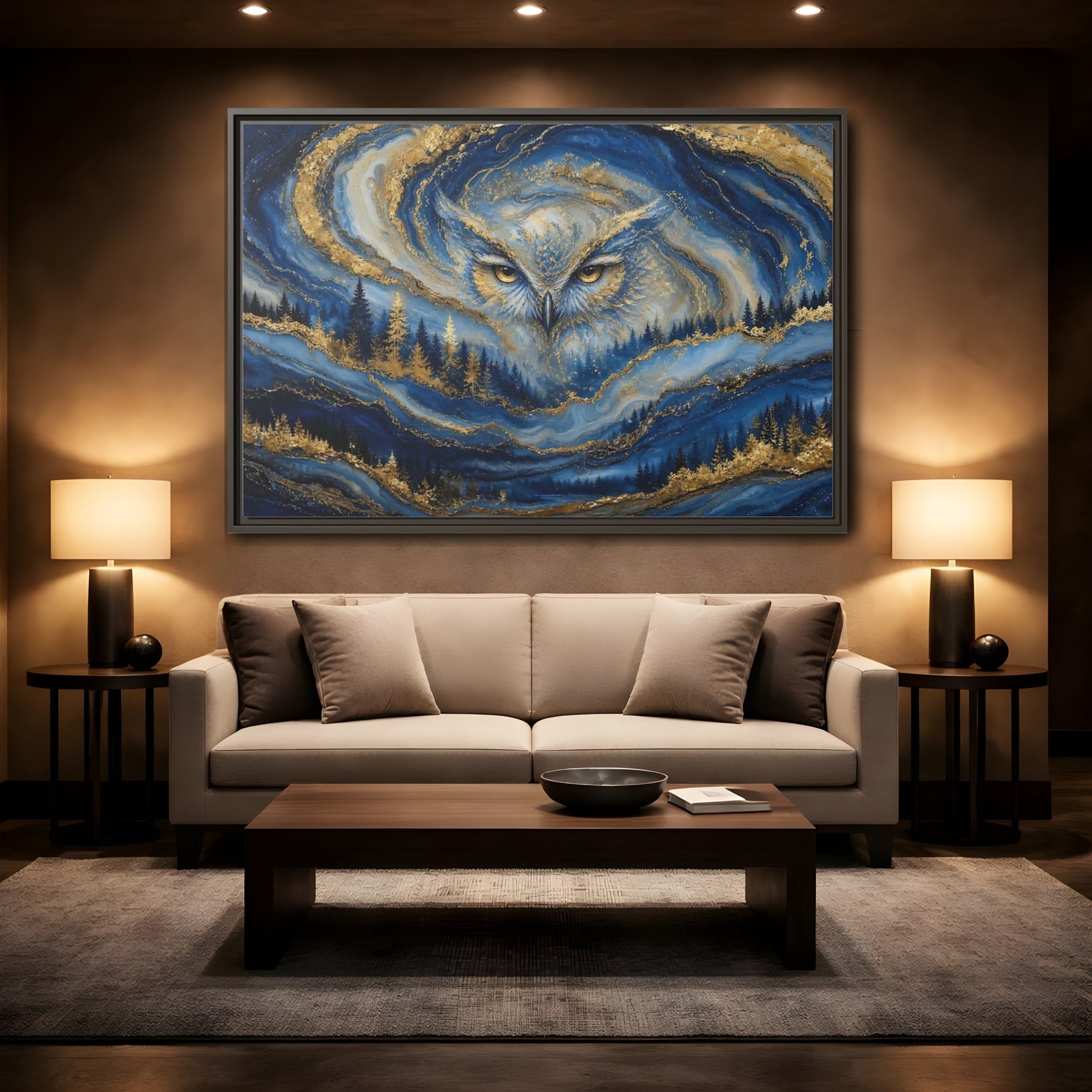 Mockup 2. Animals Owl Blue And Gold shown as stretched canvas wall art