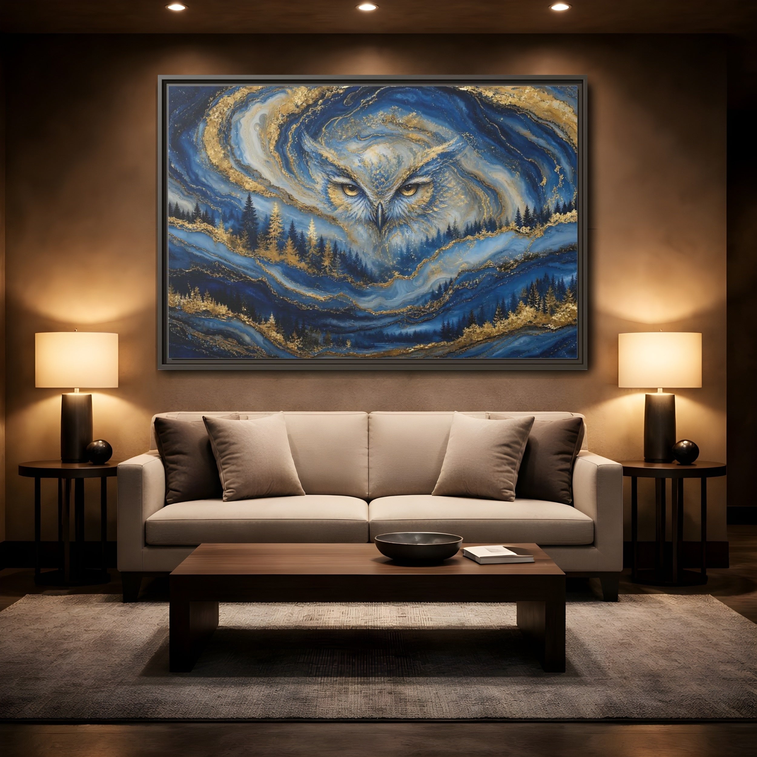 Mockup 2. Animals Owl Blue And Gold shown as stretched canvas wall art
