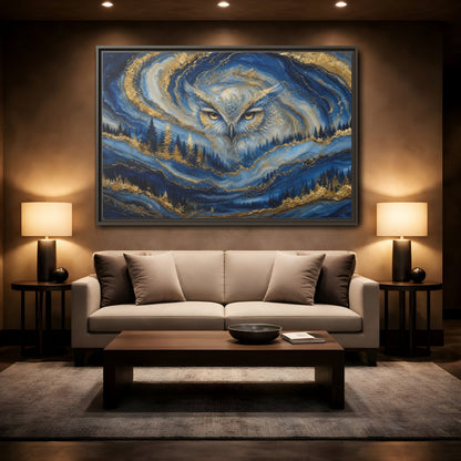Mockup 2. Animals Owl Blue And Gold shown as stretched canvas wall art