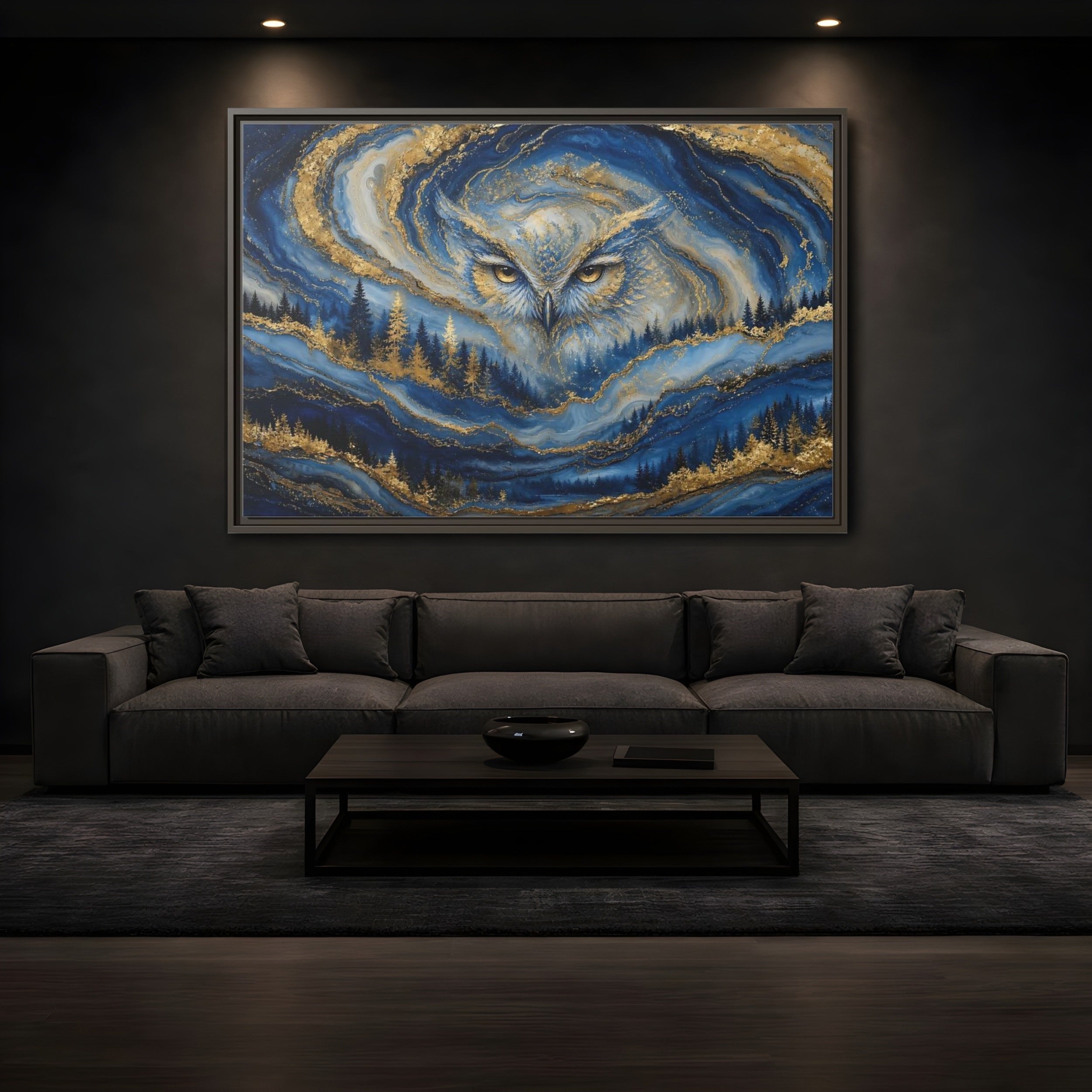 Mockup 3. Animals Owl Blue And Gold shown as stretched canvas wall art