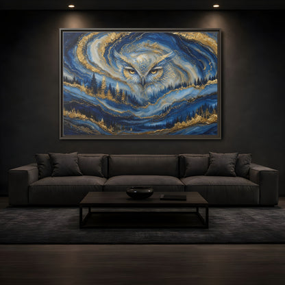 Mockup 3. Animals Owl Blue And Gold shown as stretched canvas wall art