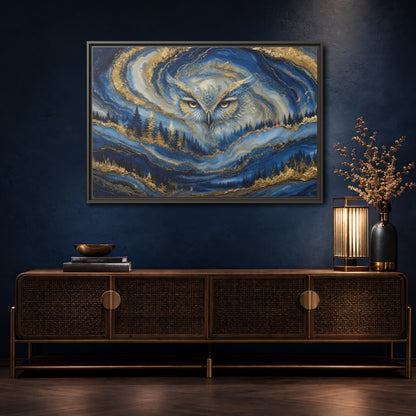 Mockup 4. Animals Owl Blue And Gold shown as stretched canvas wall art