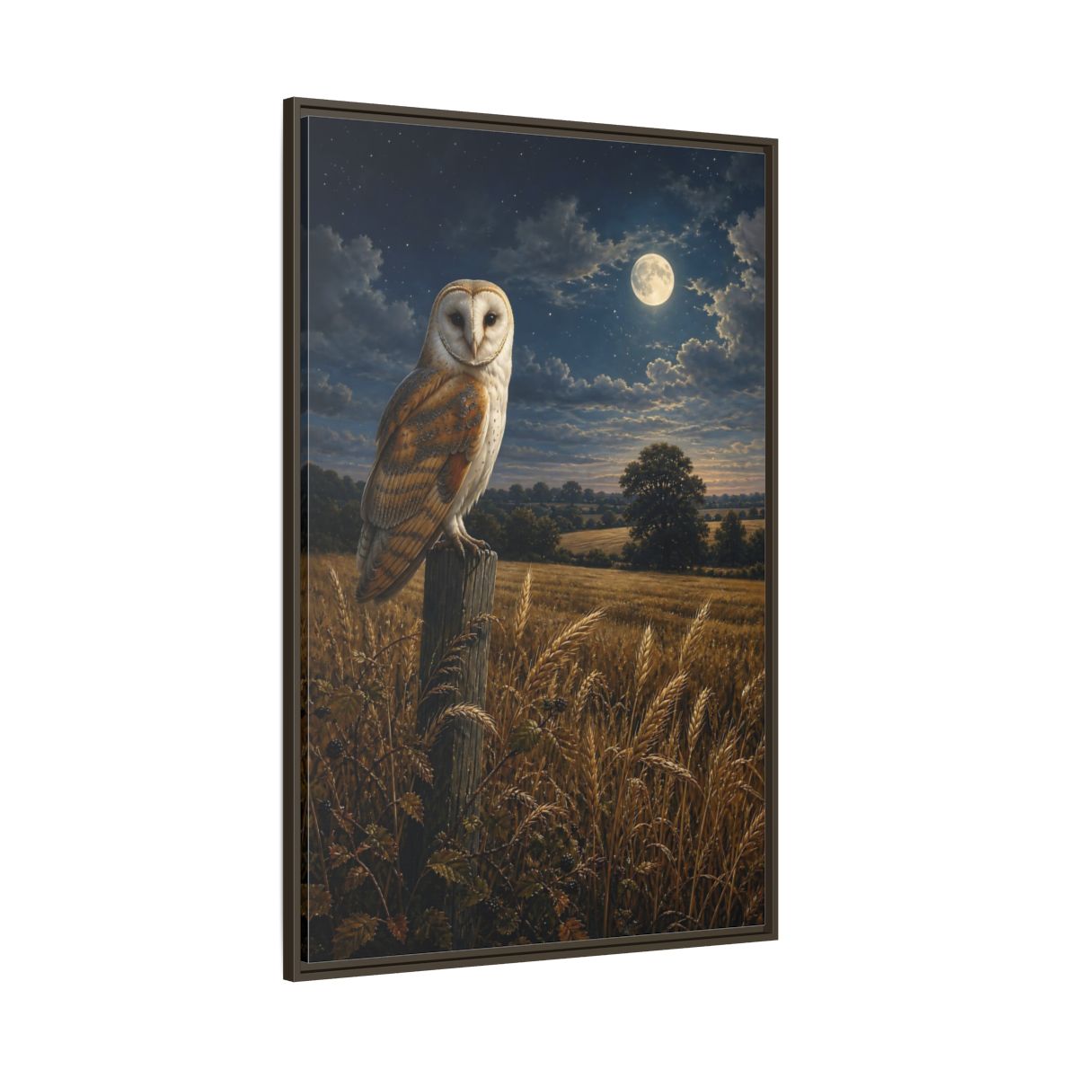 Side Mockup 8. Animals Owl Brown And Blue Night shown as stretched canvas wall art
