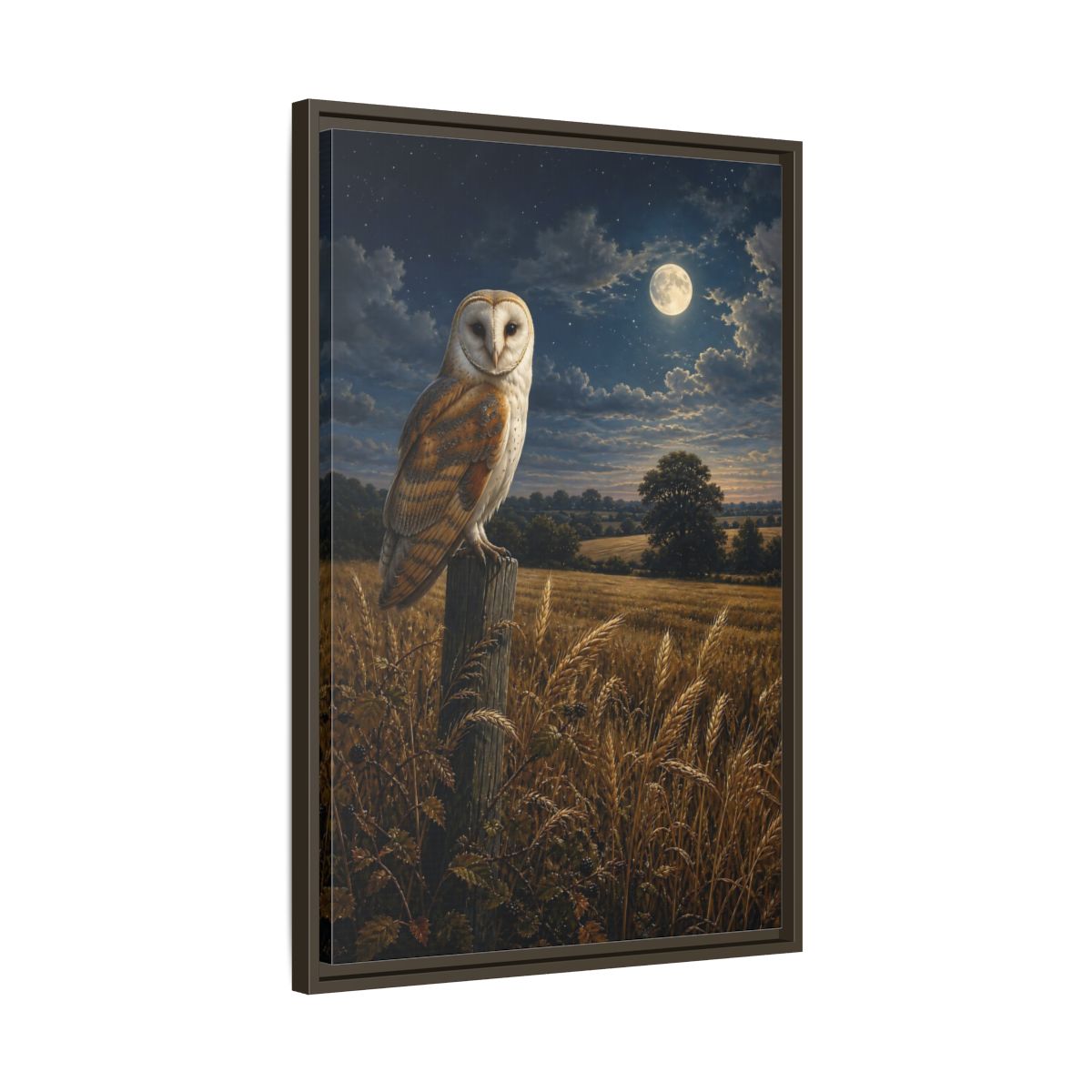 Side Mockup 11. Animals Owl Brown And Blue Night shown as stretched canvas wall art