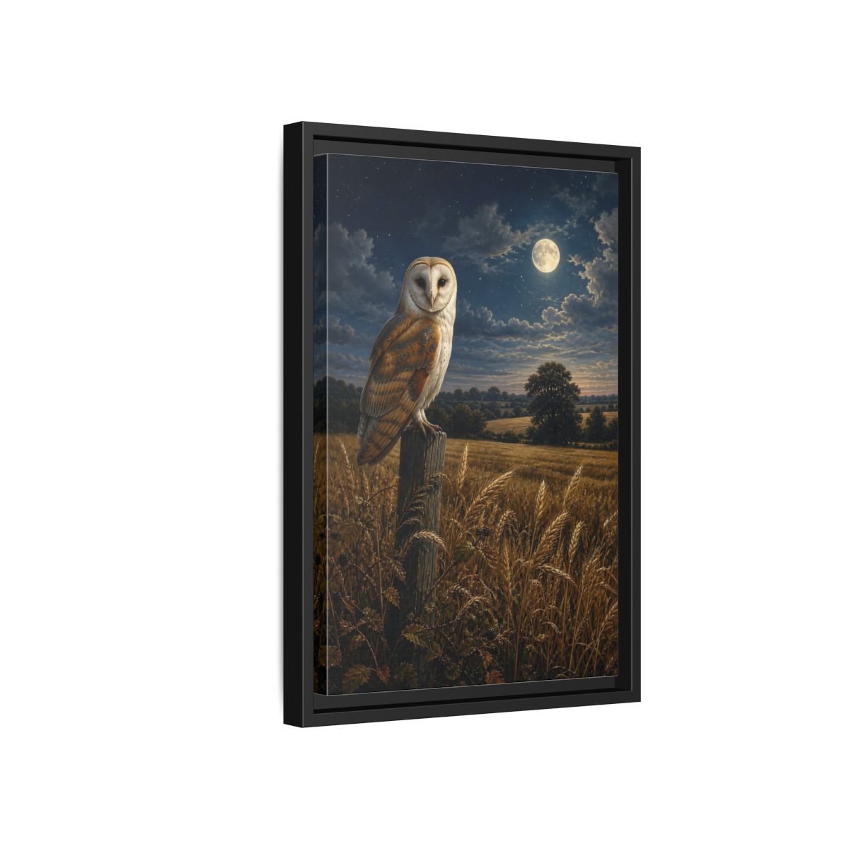 Side Mockup 6. Animals Owl Brown And Blue Night shown as stretched canvas wall art