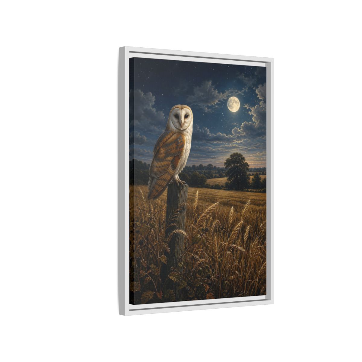 Side Mockup 1. Animals Owl Brown And Blue Night shown as stretched canvas wall art