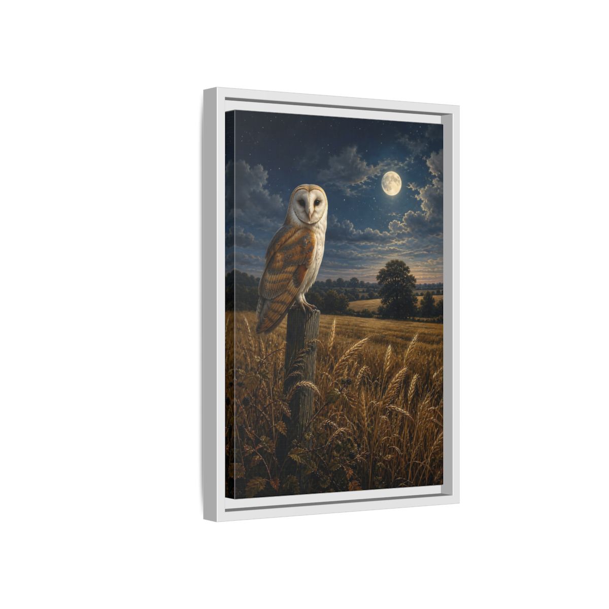 Side Mockup 4. Animals Owl Brown And Blue Night shown as stretched canvas wall art