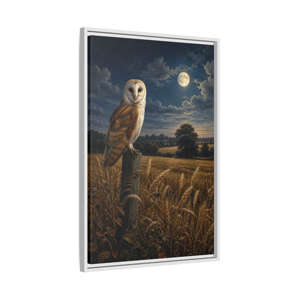 Side Mockup 10. Animals Owl Brown And Blue Night shown as stretched canvas wall art