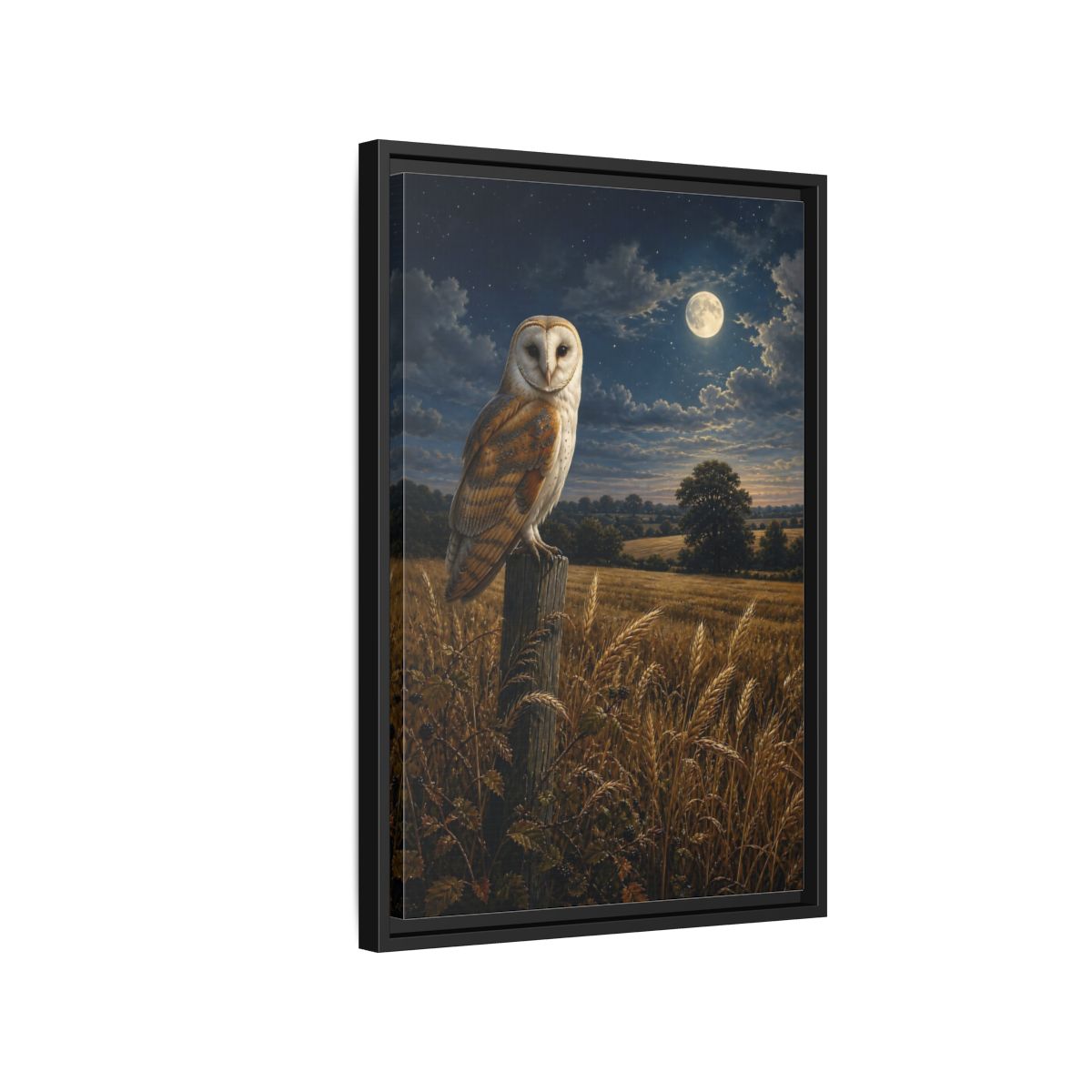 Side Mockup 3. Animals Owl Brown And Blue Night shown as stretched canvas wall art