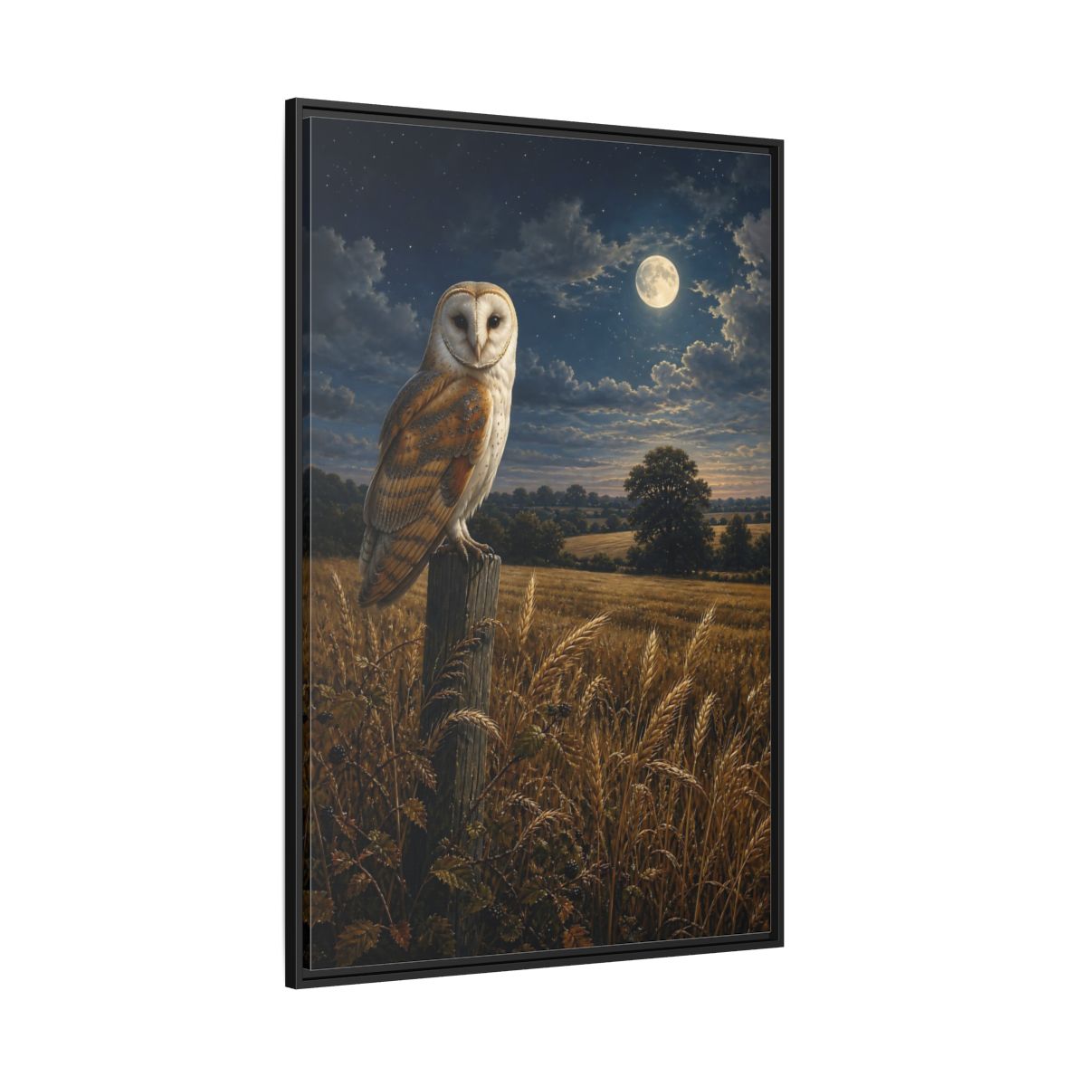 Side Mockup 12. Animals Owl Brown And Blue Night shown as stretched canvas wall art