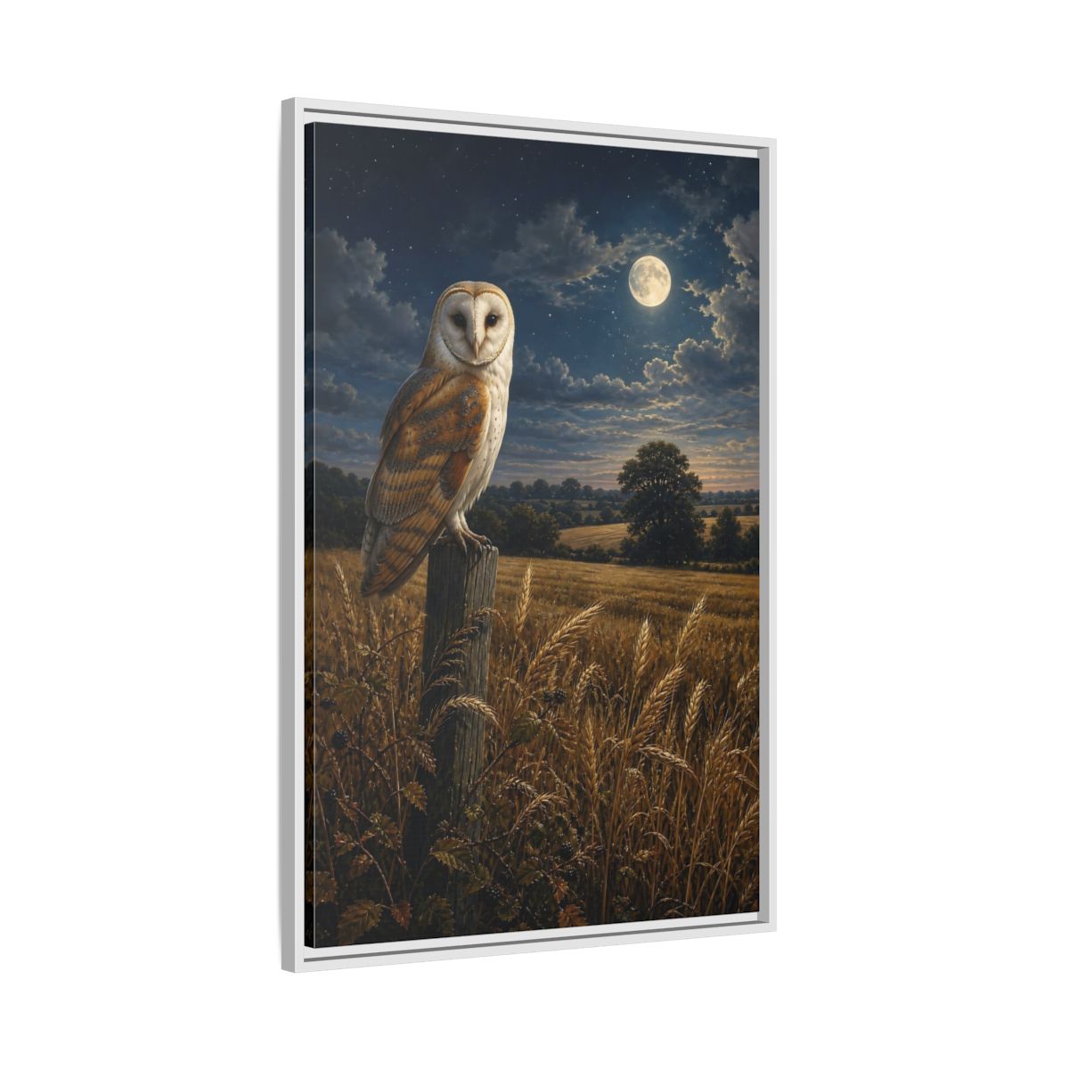 Side Mockup 9. Animals Owl Brown And Blue Night shown as stretched canvas wall art