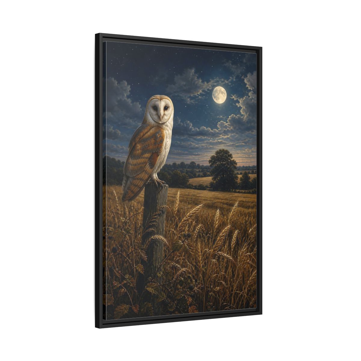 Side Mockup 13. Animals Owl Brown And Blue Night shown as stretched canvas wall art