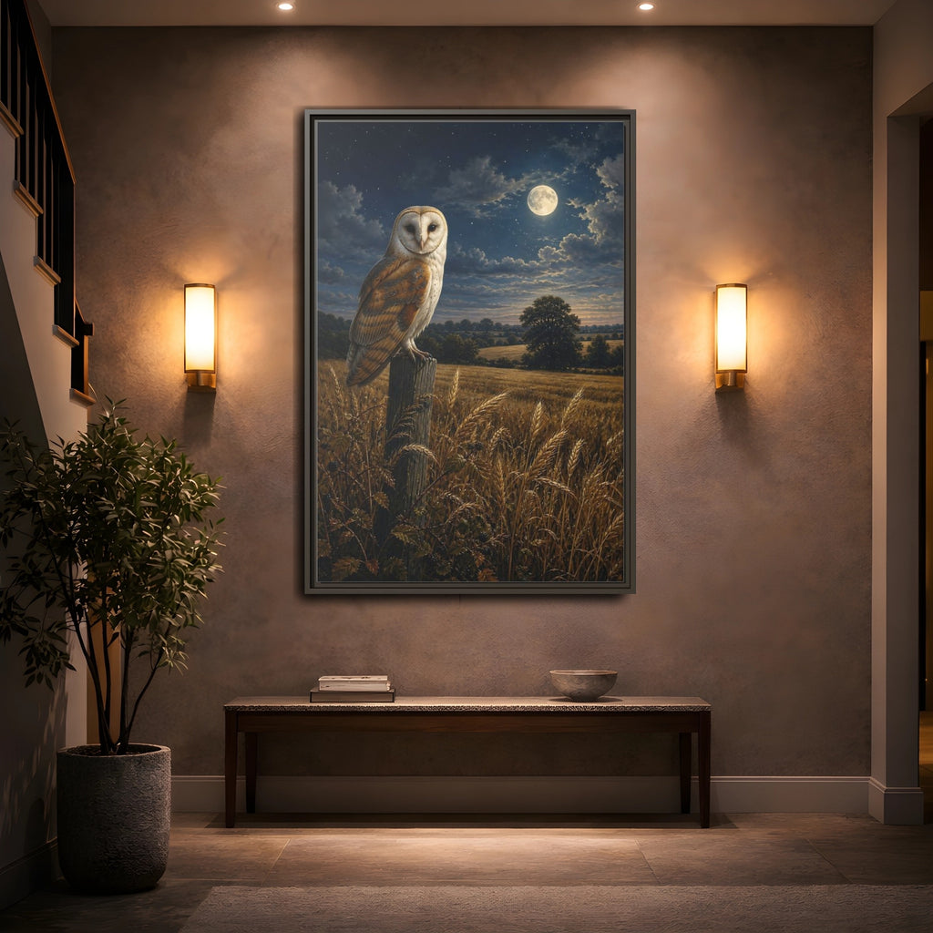 Mockup 2. Animals Owl Brown And Blue Night shown as stretched canvas wall art