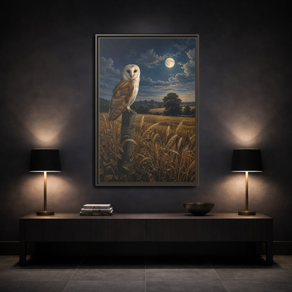 Mockup 3. Animals Owl Brown And Blue Night shown as stretched canvas wall art