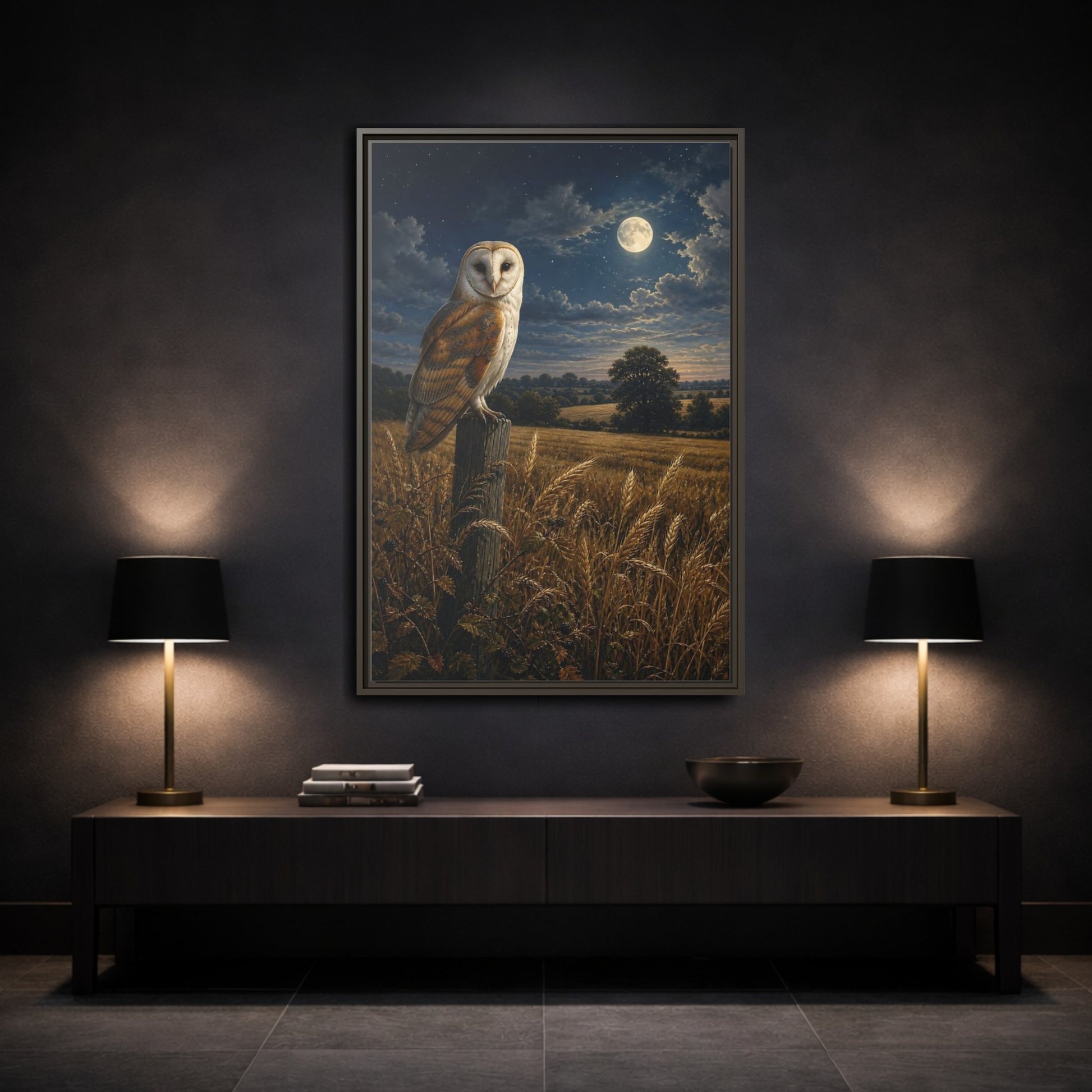 Mockup 3. Animals Owl Brown And Blue Night shown as stretched canvas wall art