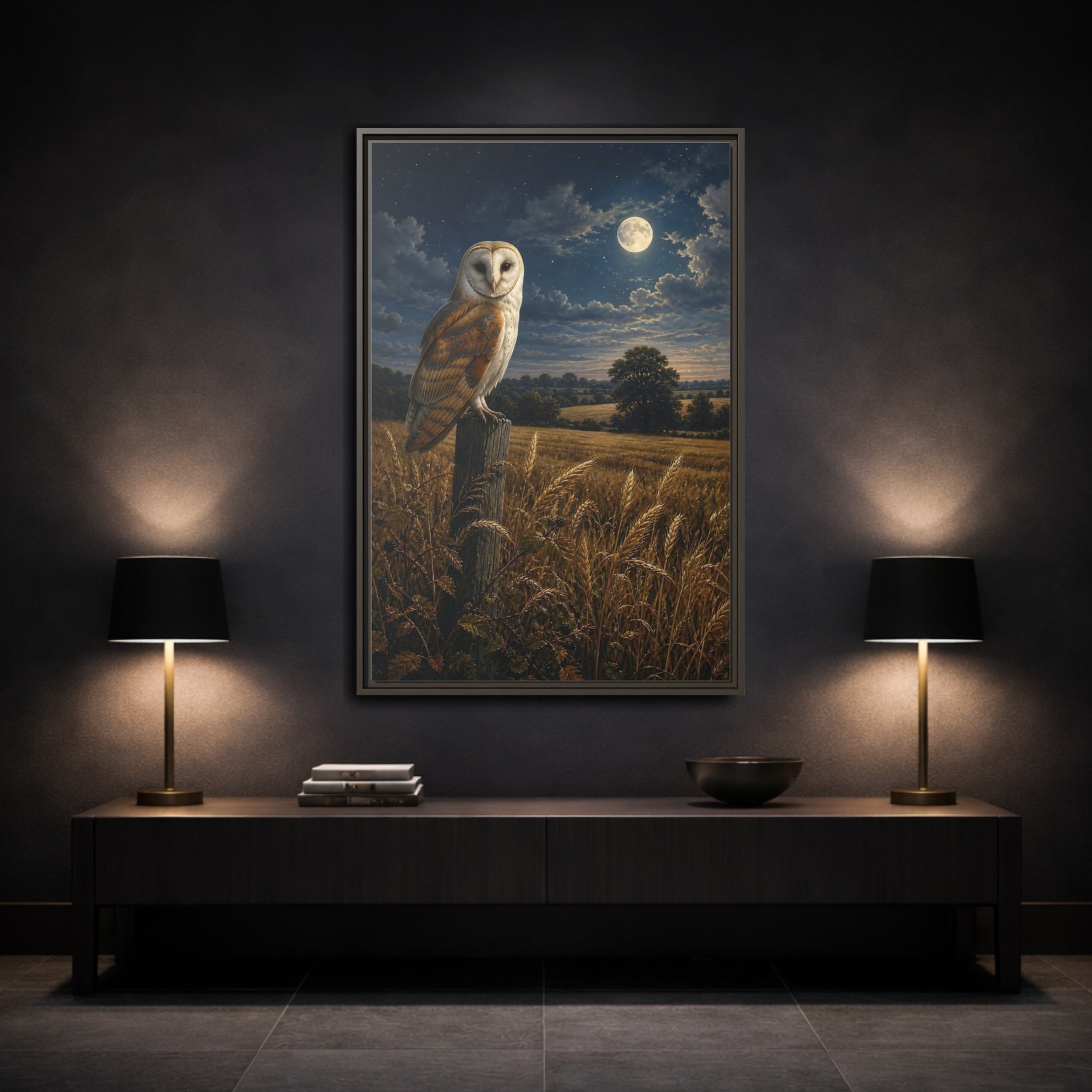 Mockup 3. Animals Owl Brown And Blue Night shown as stretched canvas wall art