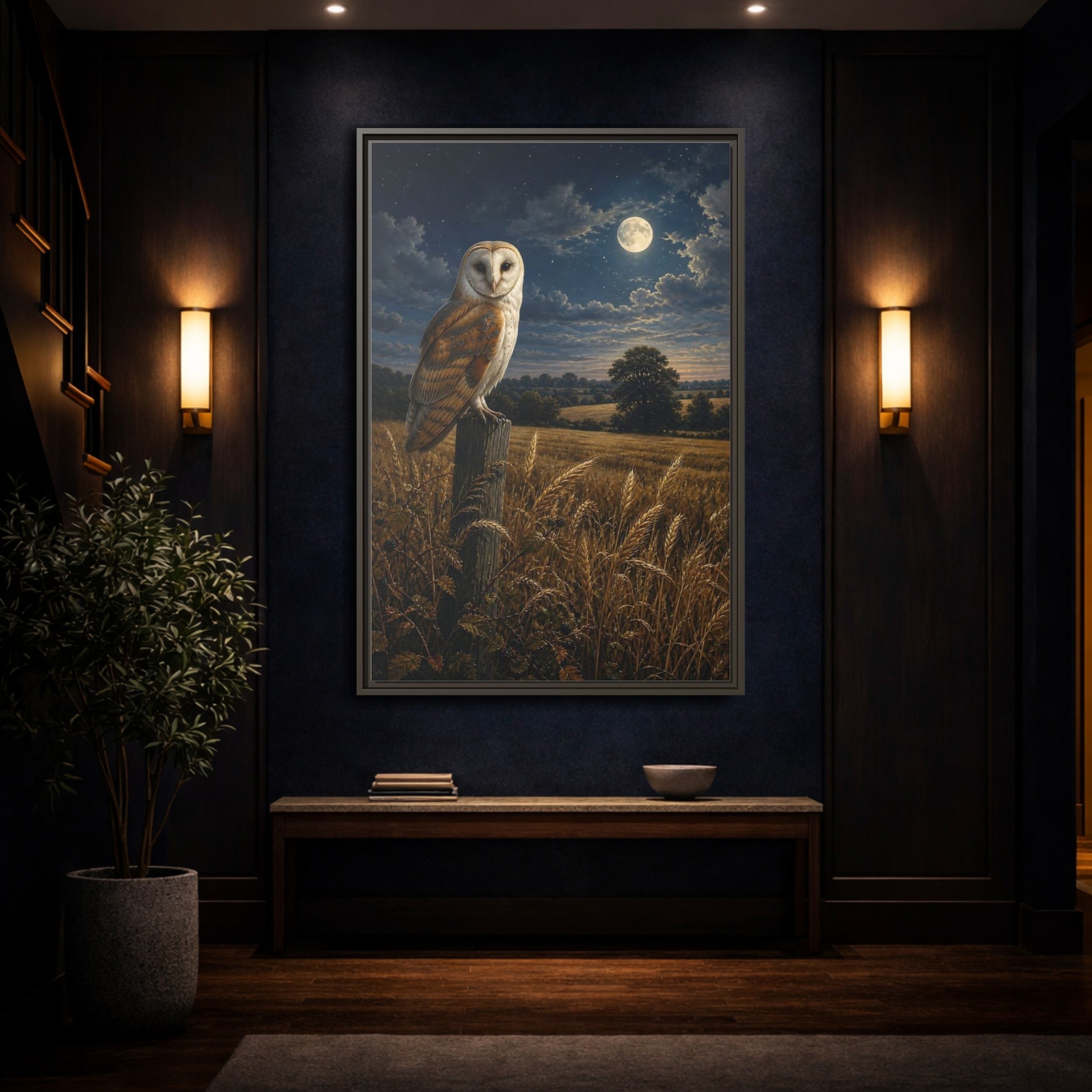 Mockup 4. Animals Owl Brown And Blue Night shown as stretched canvas wall art