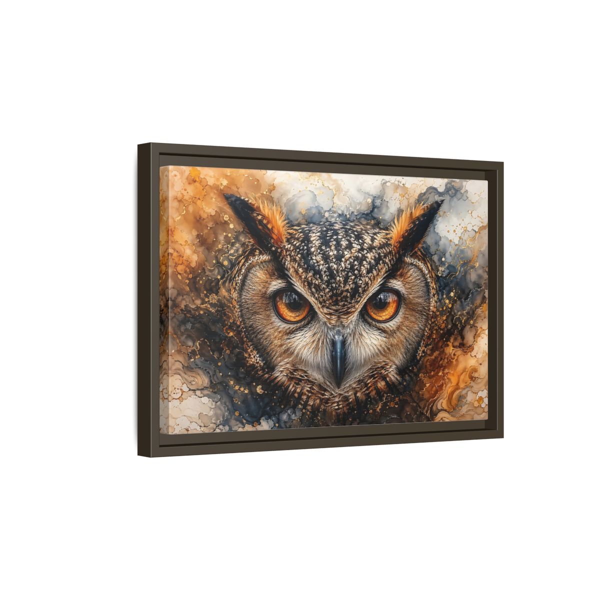Side Mockup 5. Animals Owl Brown And Gold Owl shown as stretched canvas wall art