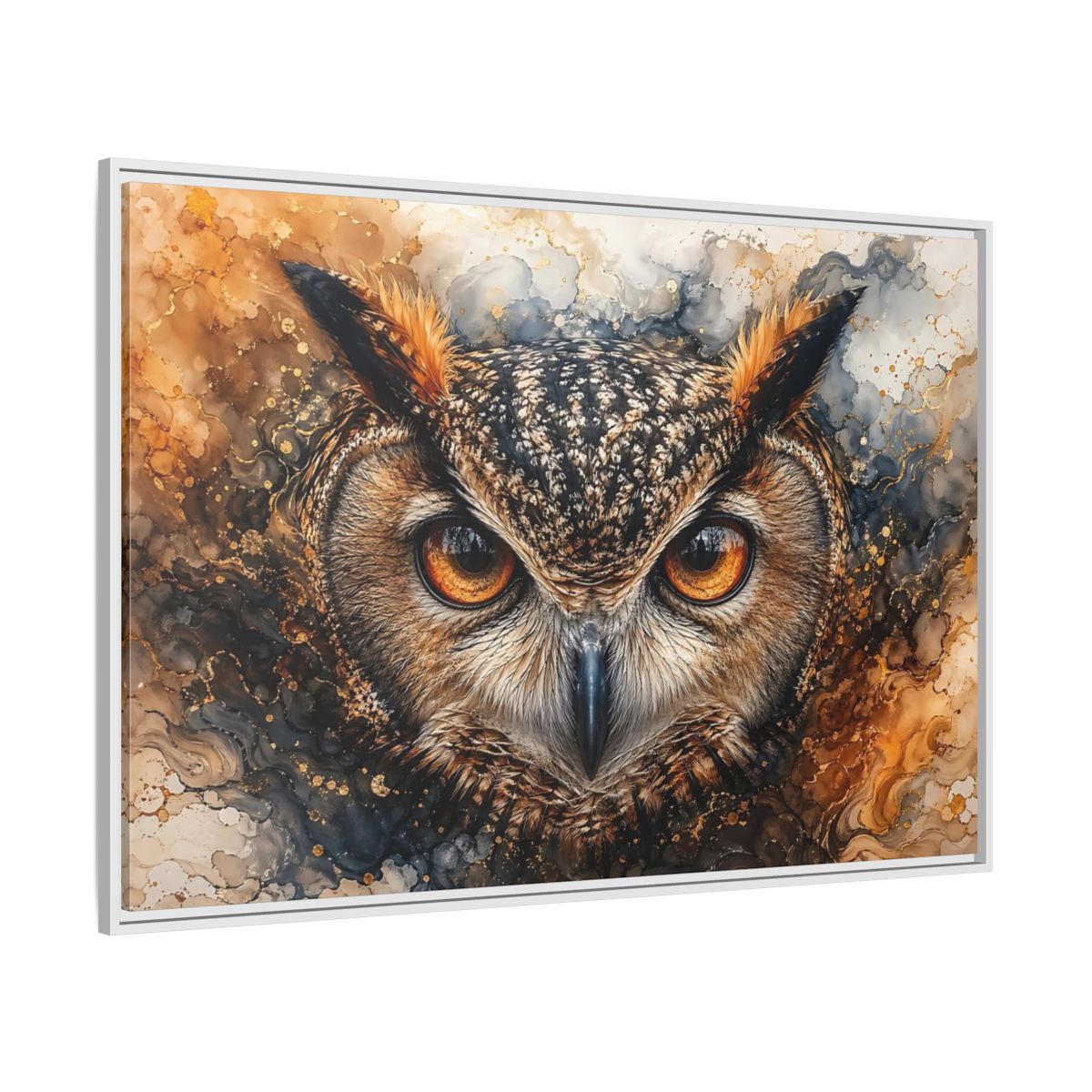 Side Mockup 7. Animals Owl Brown And Gold Owl shown as stretched canvas wall art