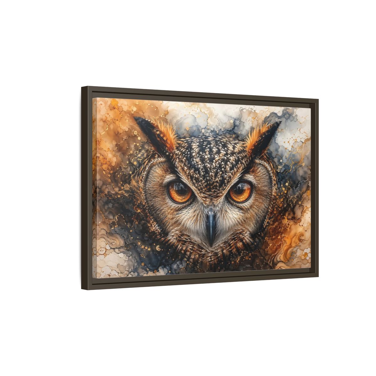 Side Mockup 2. Animals Owl Brown And Gold Owl shown as stretched canvas wall art