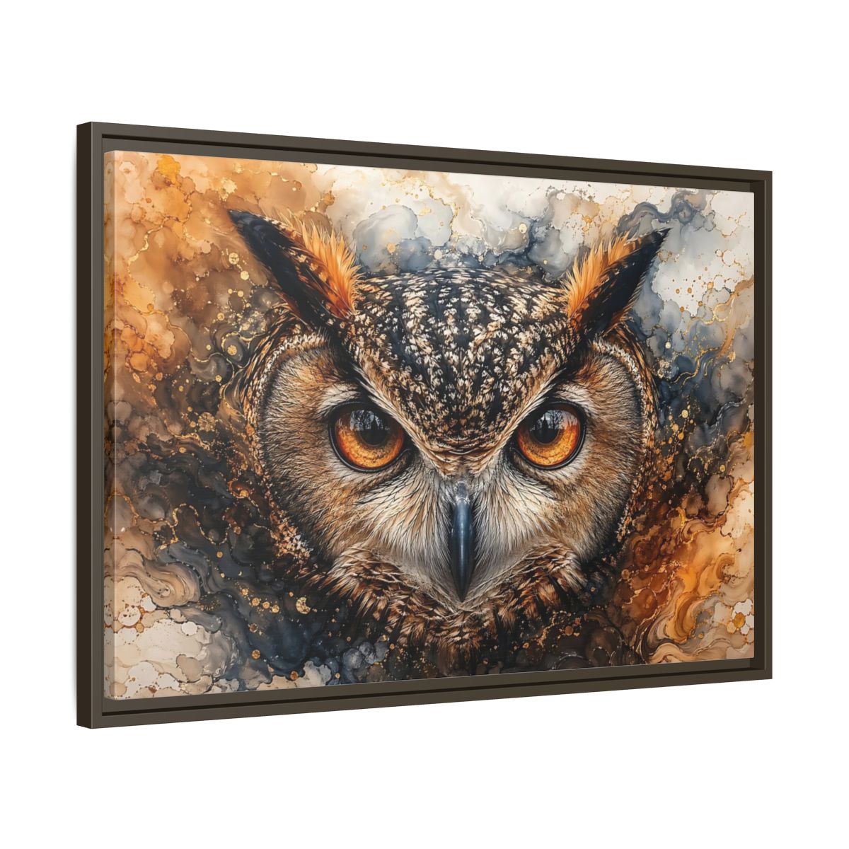 Side Mockup 11. Animals Owl Brown And Gold Owl shown as stretched canvas wall art