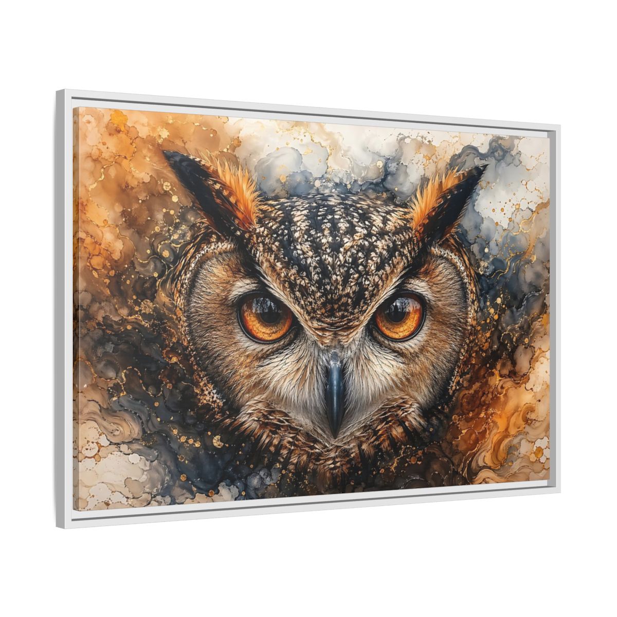 Side Mockup 9. Animals Owl Brown And Gold Owl shown as stretched canvas wall art
