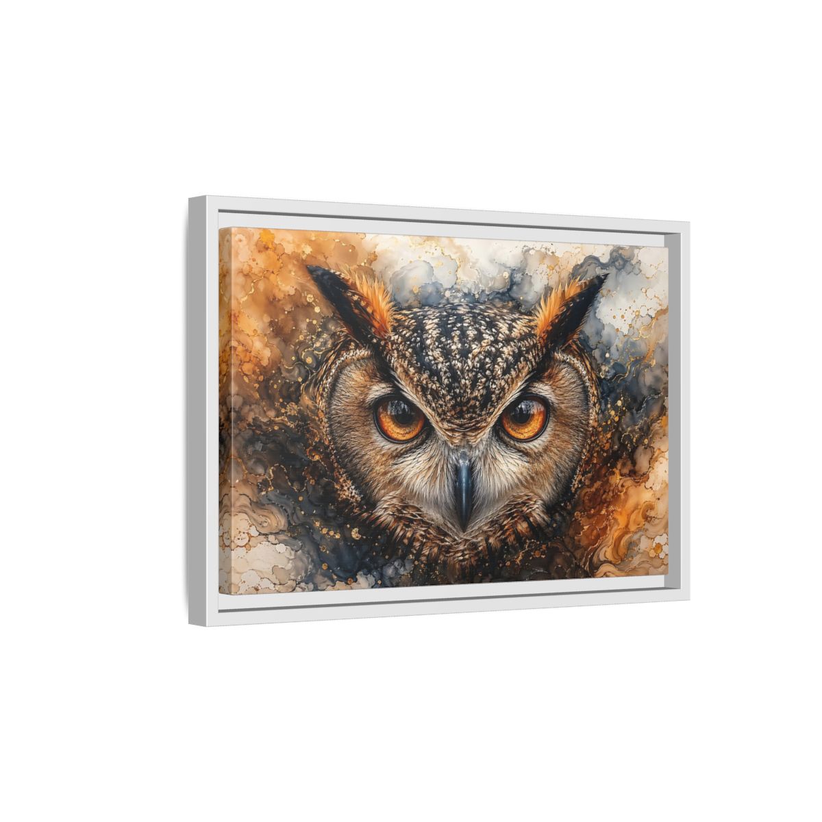 Side Mockup 4. Animals Owl Brown And Gold Owl shown as stretched canvas wall art