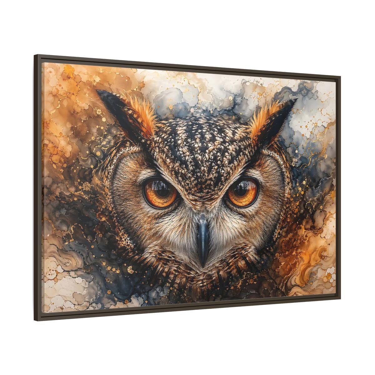 Side Mockup 8. Animals Owl Brown And Gold Owl shown as stretched canvas wall art