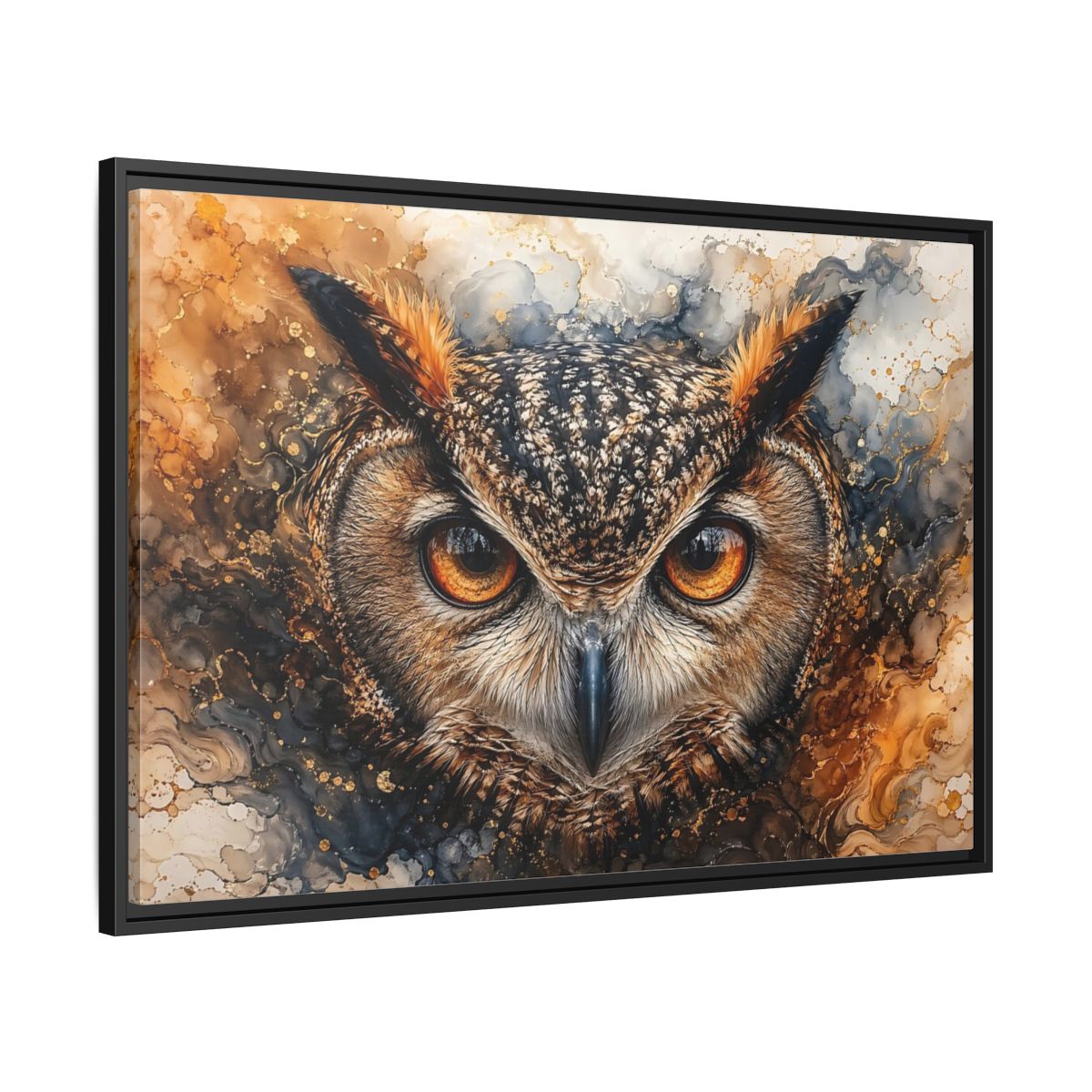 Side Mockup 13. Animals Owl Brown And Gold Owl shown as stretched canvas wall art