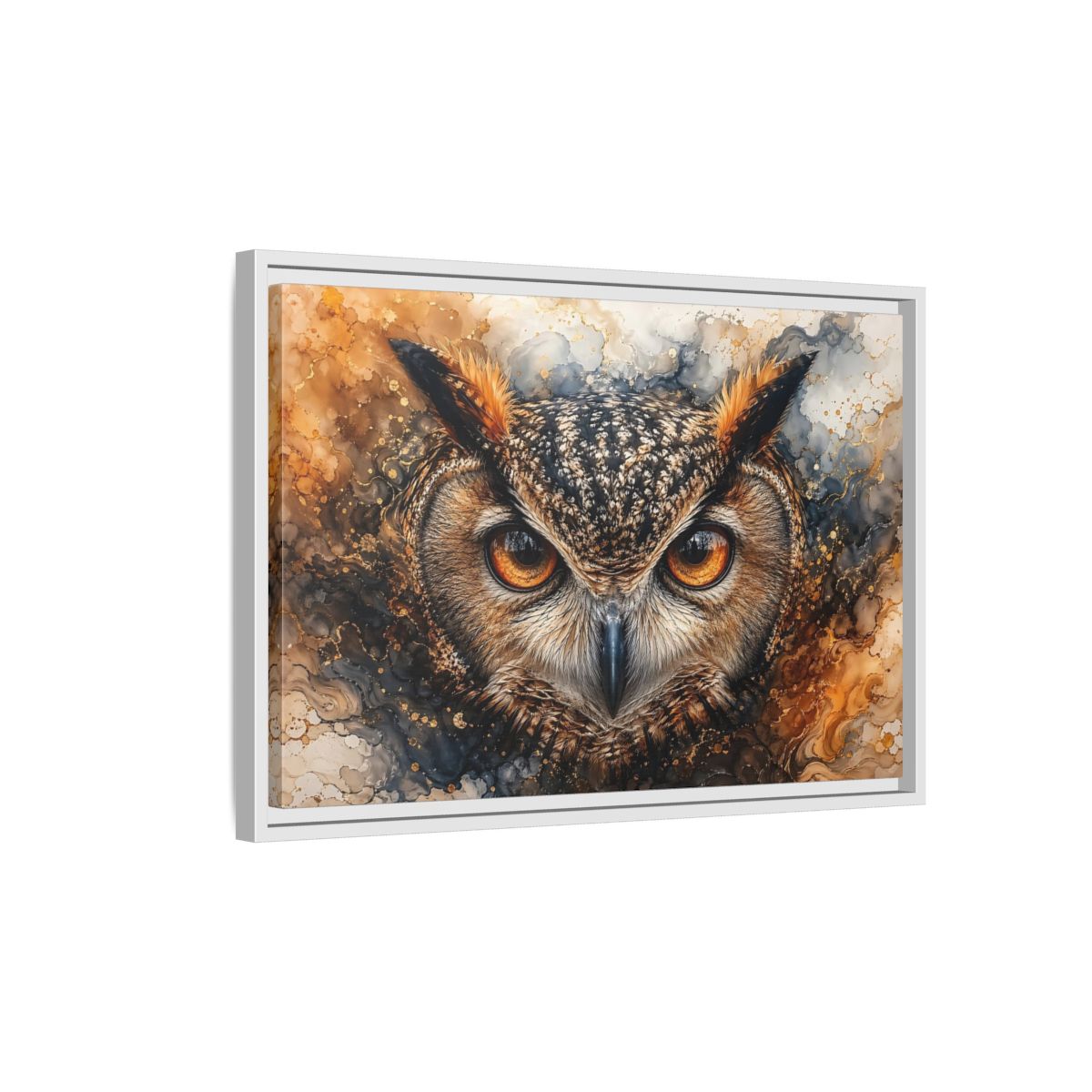 Side Mockup 1. Animals Owl Brown And Gold Owl shown as stretched canvas wall art