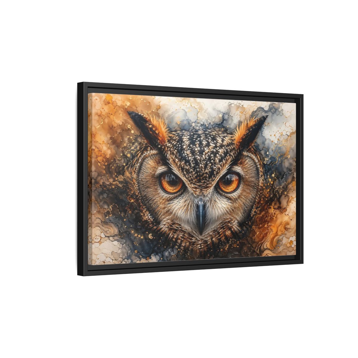 Side Mockup 3. Animals Owl Brown And Gold Owl shown as stretched canvas wall art