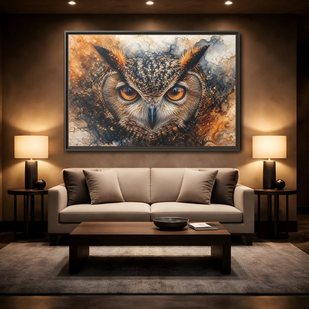 Mockup 2. Animals Owl Brown And Gold Owl shown as stretched canvas wall art
