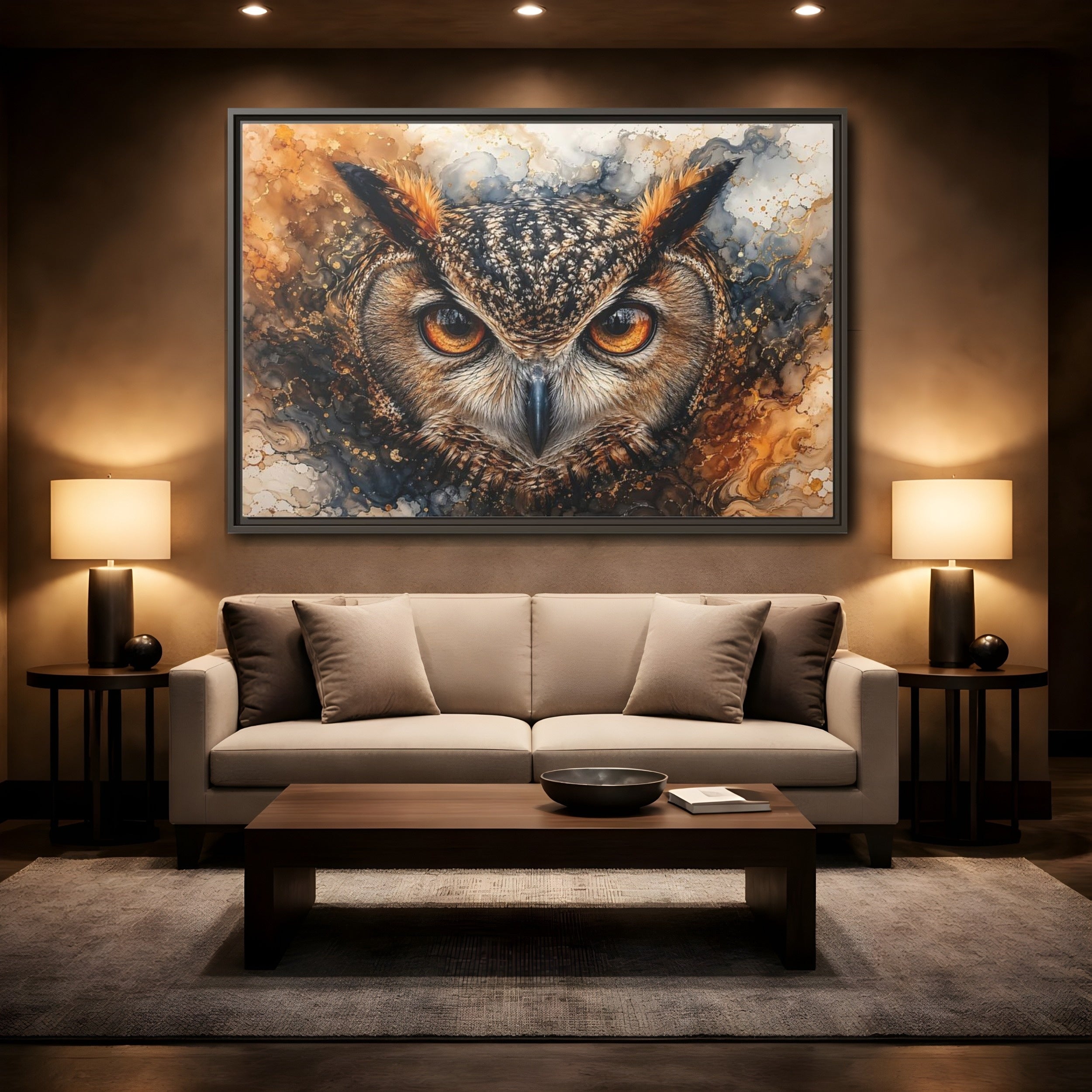 Mockup 2. Animals Owl Brown And Gold Owl shown as stretched canvas wall art