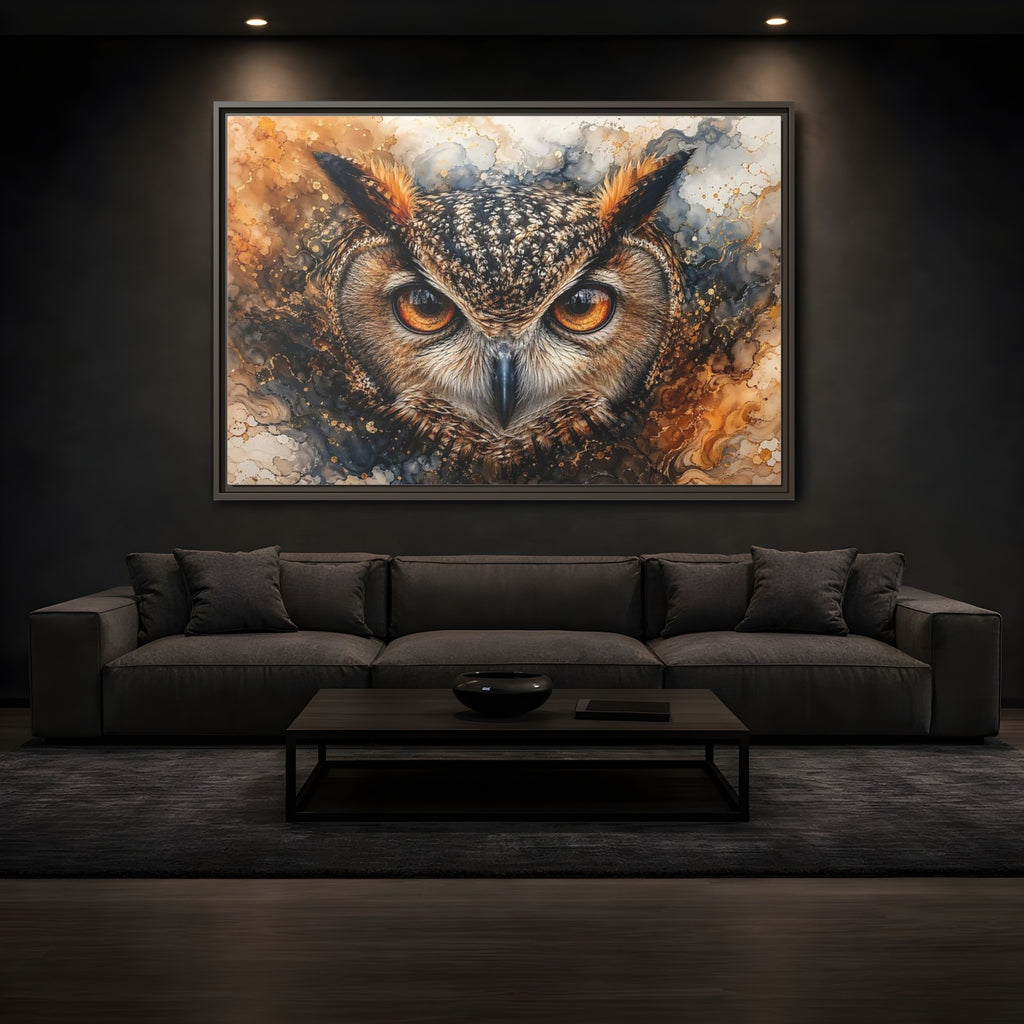 Mockup 3. Animals Owl Brown And Gold Owl shown as stretched canvas wall art