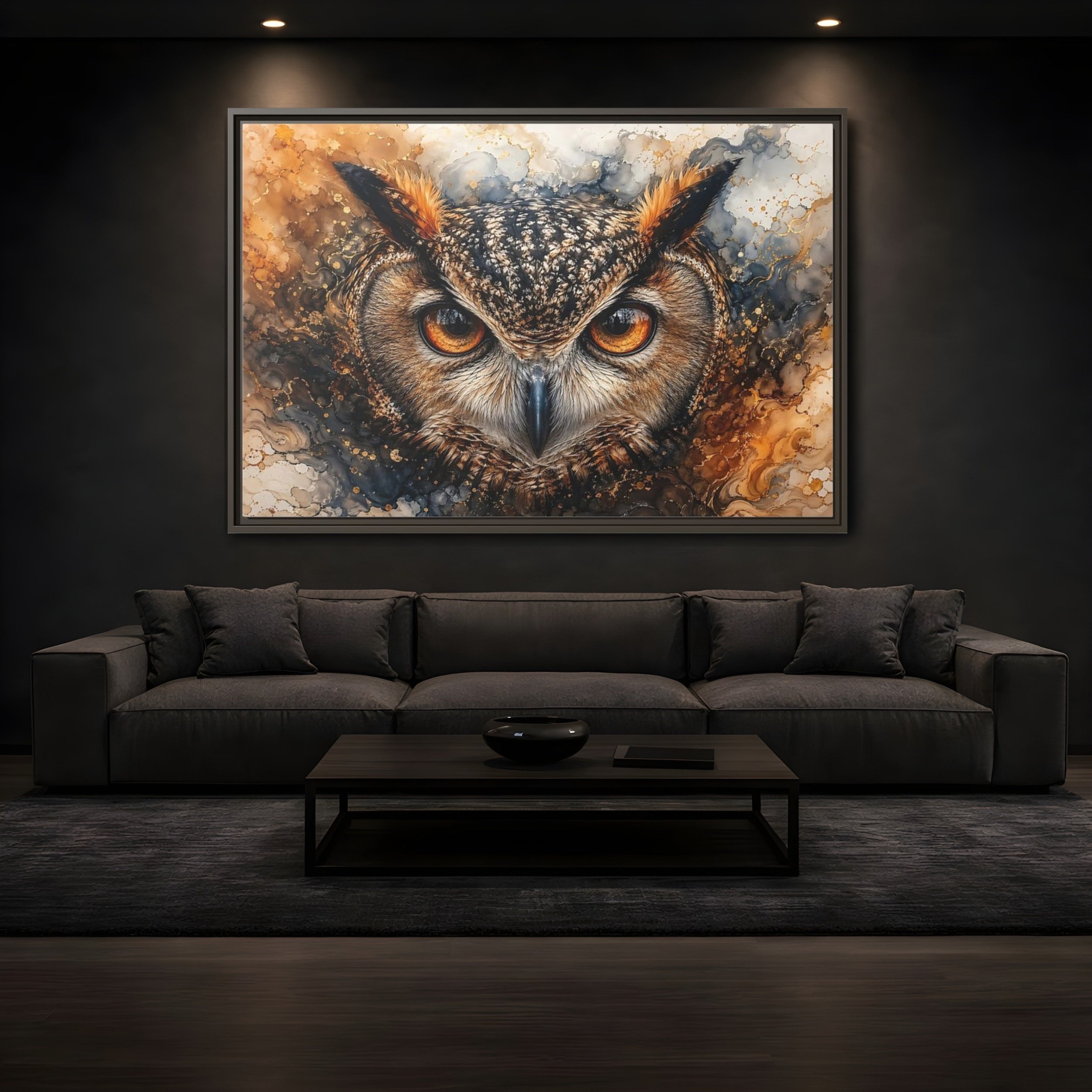 Mockup 3. Animals Owl Brown And Gold Owl shown as stretched canvas wall art