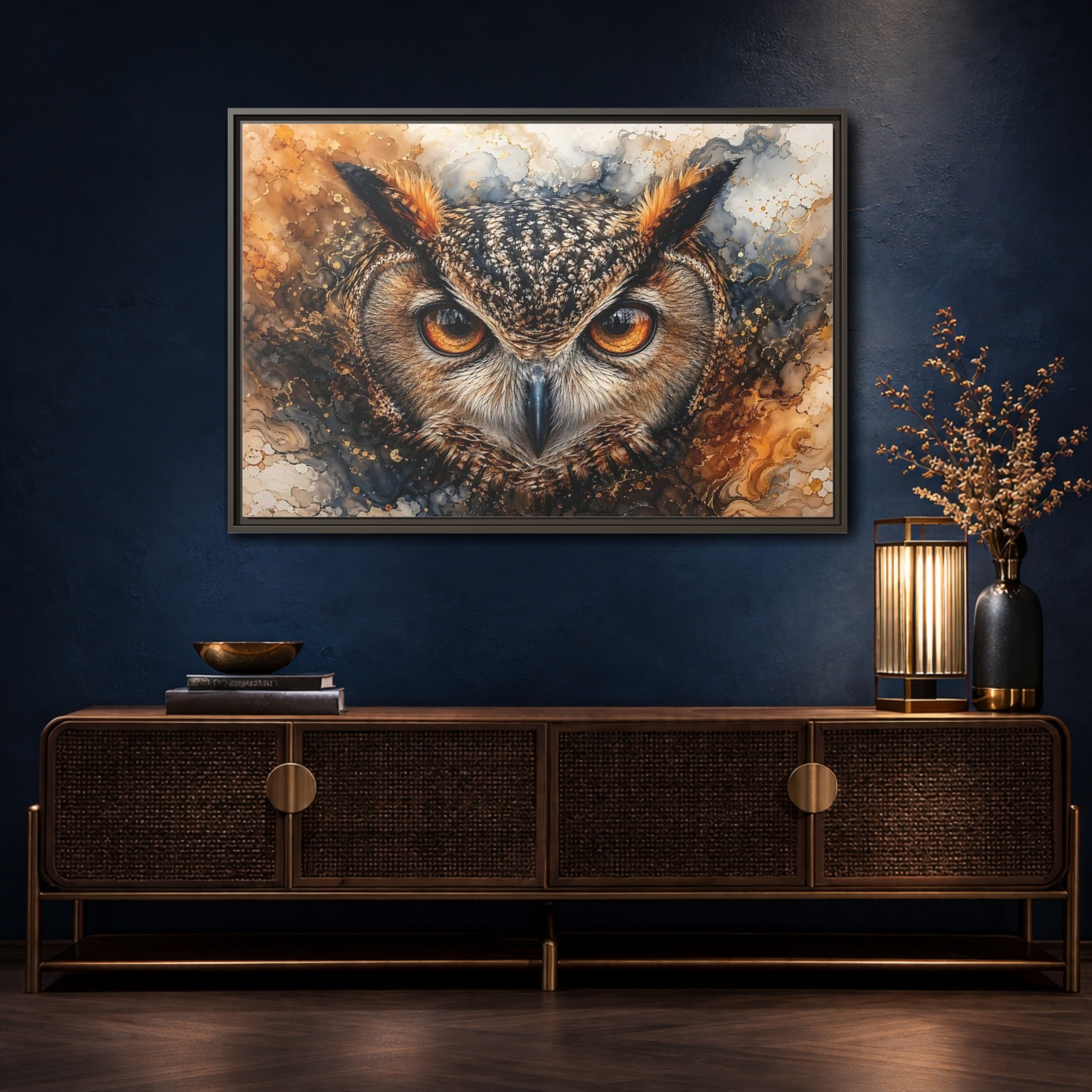 Mockup 4. Animals Owl Brown And Gold Owl shown as stretched canvas wall art