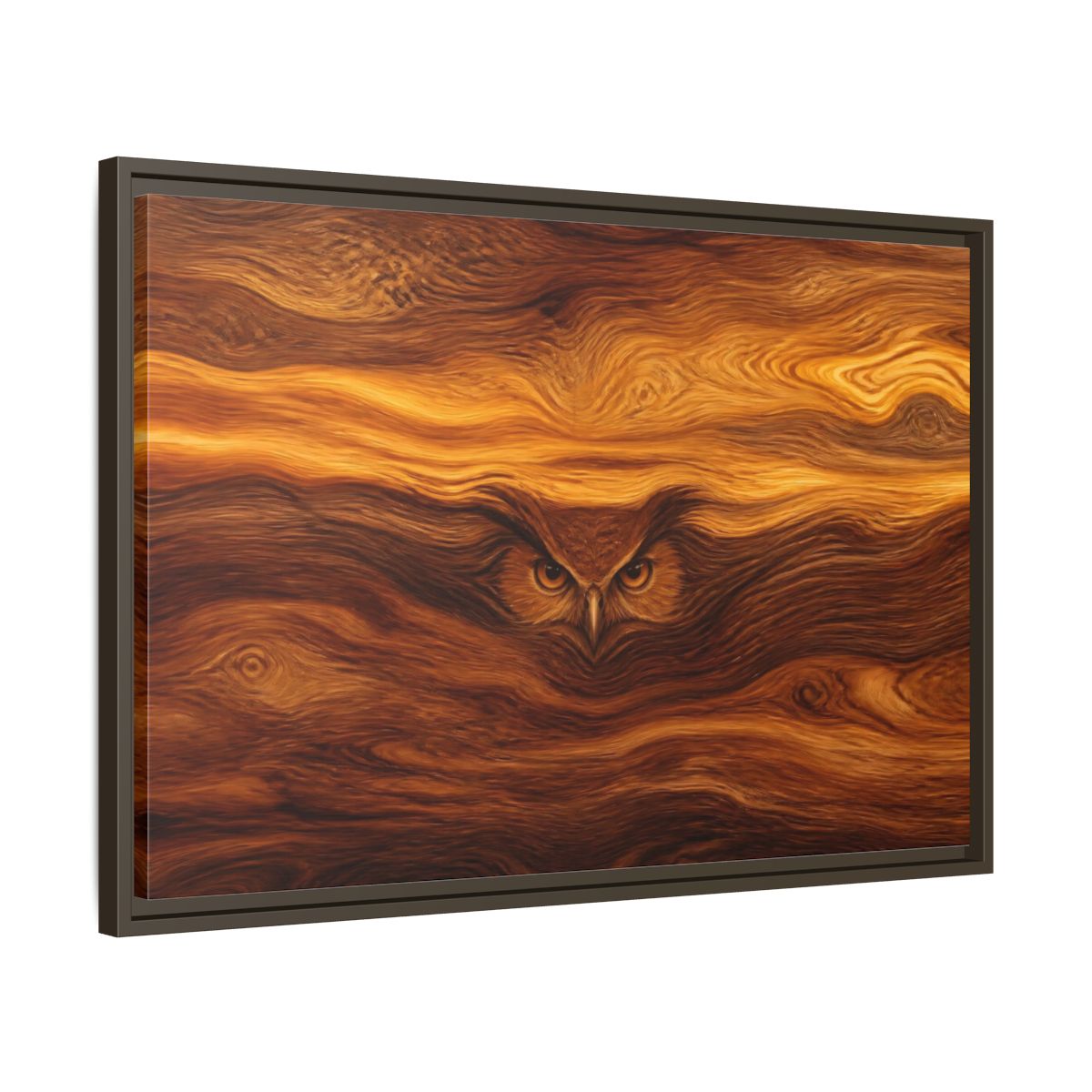 Side Mockup 11. Animals Owl Brown Wood Owl shown as stretched canvas wall art