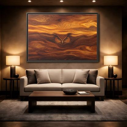 Mockup 2. Animals Owl Brown Wood Owl shown as stretched canvas wall art